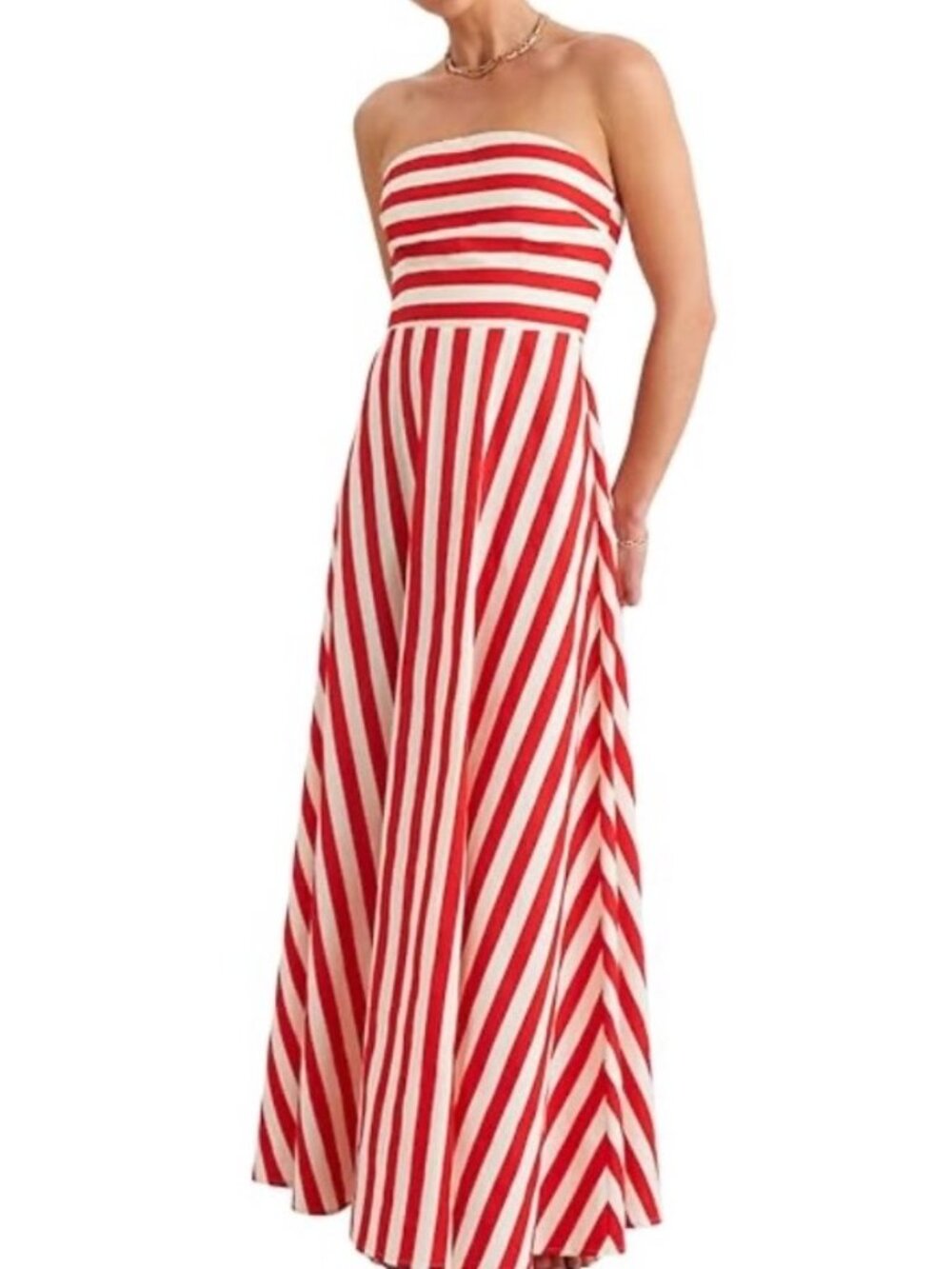 Striped Strapless Maxi Dress Red & White Small